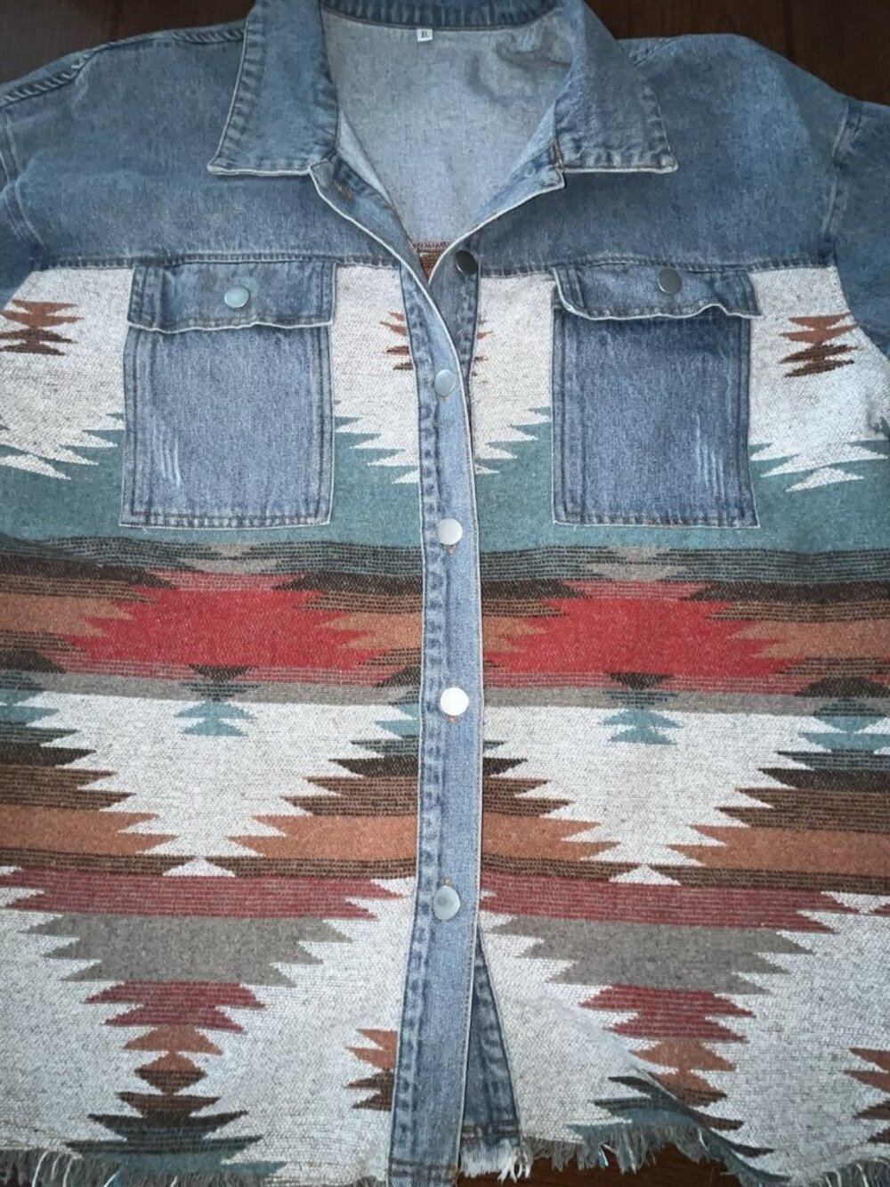 Denim Southwestern Jacket Colorful Blanket Weave Oversize Aztec XL Fringe Bottom